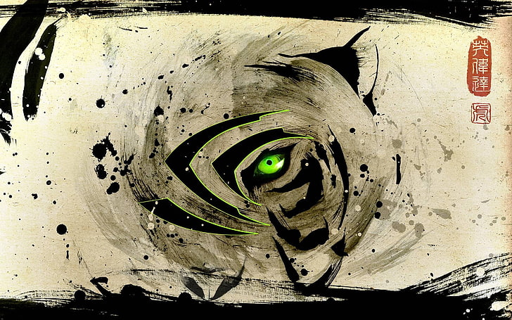 tiger eye artwork, abstract, Nvidia, video games, green, logo, HD wallpaper