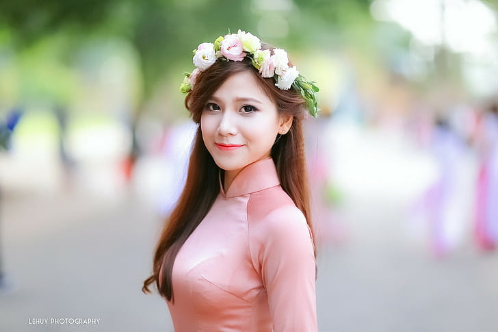 Asian, women, wreaths, black eyes, pink dress, traditional clothing