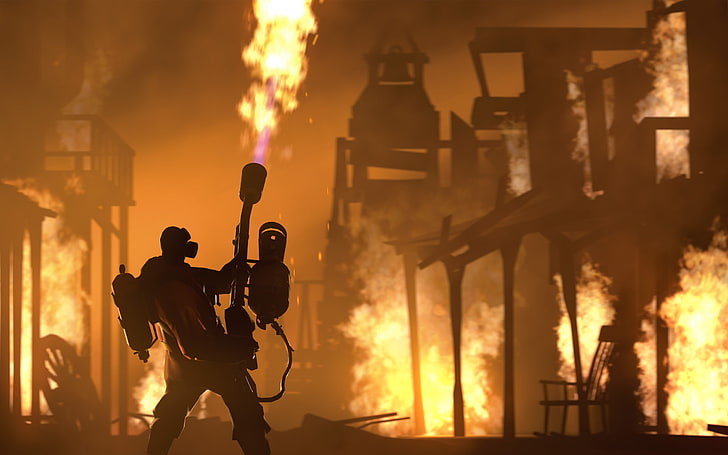 Team Fortress 2, Pyro (character), fire, video games, architecture, HD wallpaper