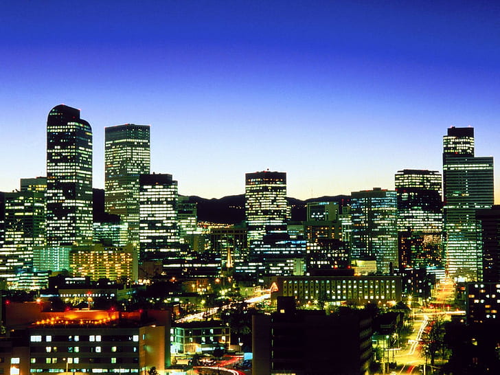Denver, cityscape, city lights, dusk, urban