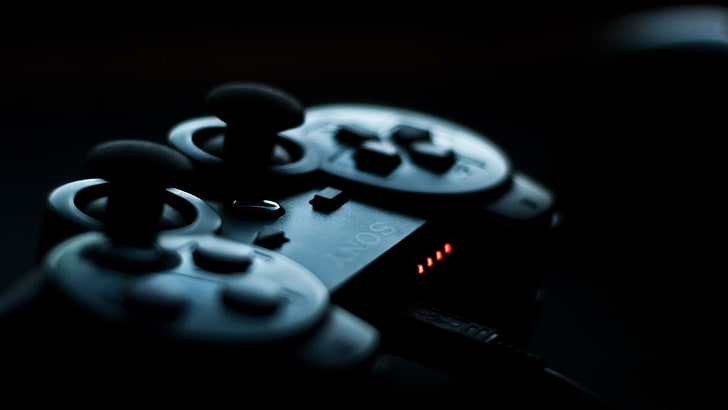 Sony, PlayStation, depth of field, controllers, black, video games