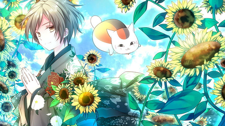 anime, boy, cat, summer, sunflower