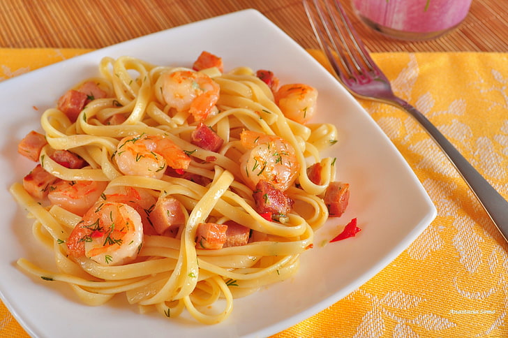 pasta with seafood, fish, dill, plate, meat, plug, dish, shrimp