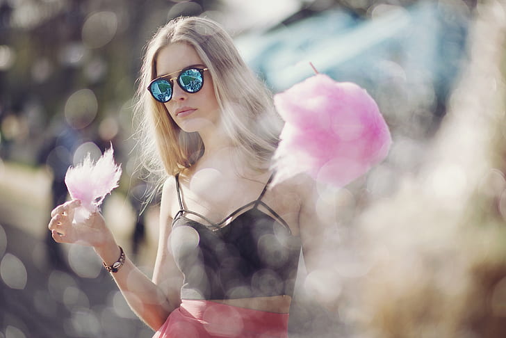 blonde, sunglasses, black tops, red skirt, cotton candy, Anastasia Vervueren, HD wallpaper