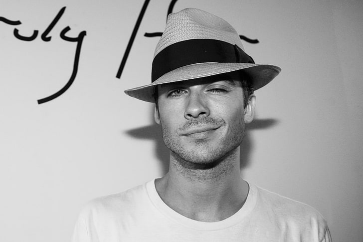 grayscale photo of man in crew-neck top and fedora hat, the vampire diaries, HD wallpaper