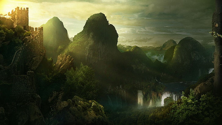 green forest mountain, castle, nature, fantasy art, architecture