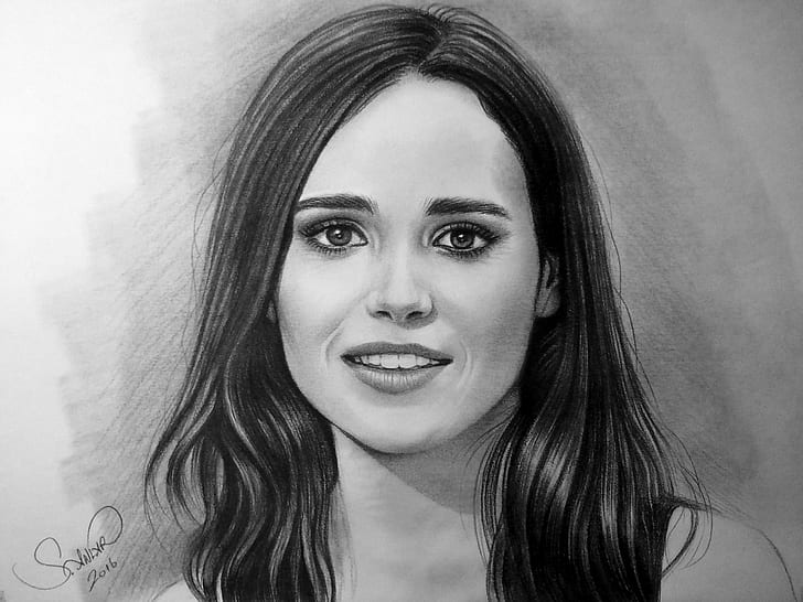 Actresses, Ellen Page, Black and White, Celebrity, Drawing