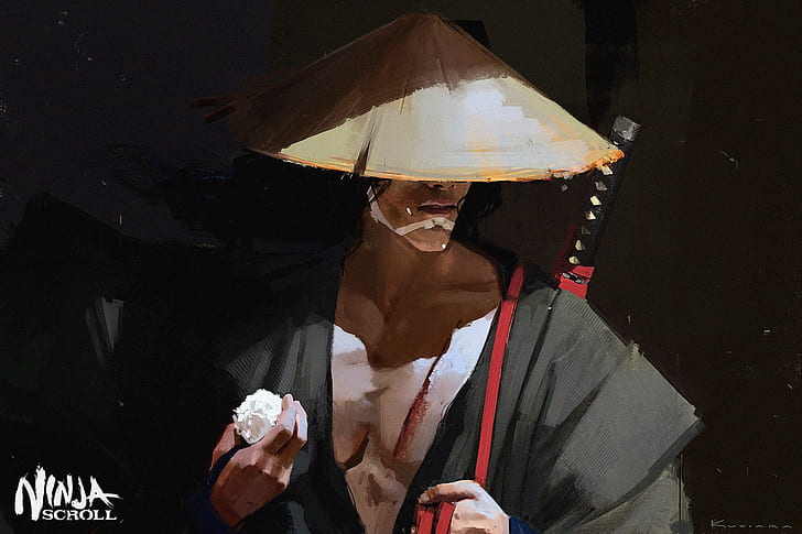 katana, samurai, figure, Japanese clothing, art, arm, straw hat, HD wallpaper