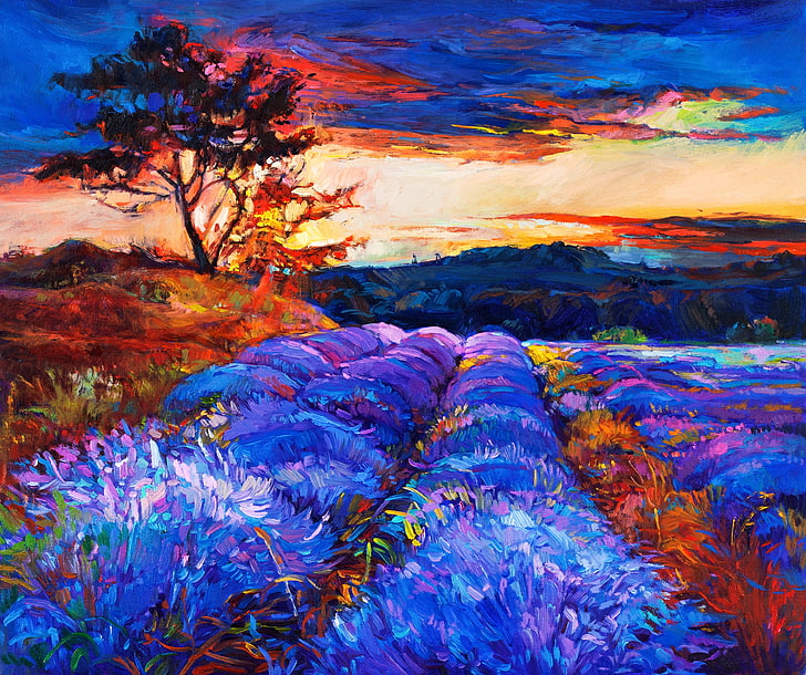 assorted-color plants, painting, artwork, lavender, beauty in nature