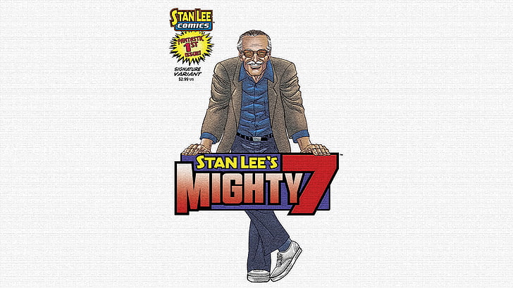 stan lees mighty 7, text, communication, western script, one person