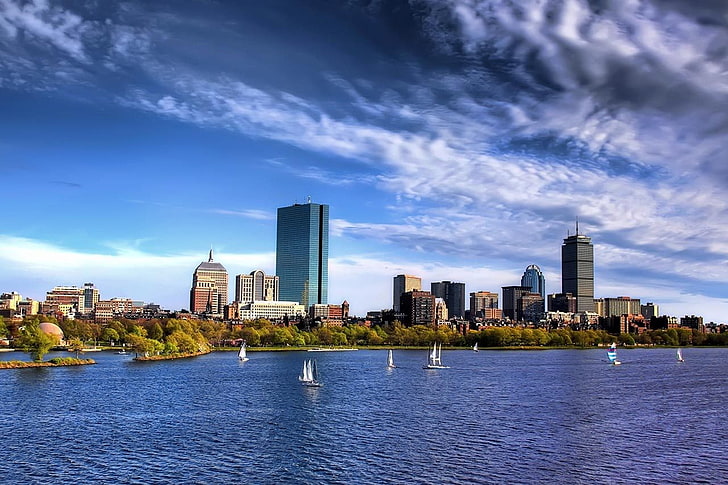 Boston, sky, water, cityscape, USA, built structure, building exterior, HD wallpaper