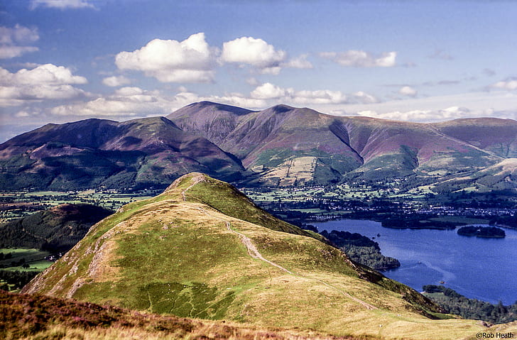 areal view of mountain and bodies of water, catbells, skiddaw, derwent water, catbells, skiddaw, derwent water