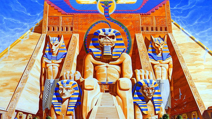 two Anubis statues, album covers, cover art, pyramid, Iron Maiden HD wallpaper