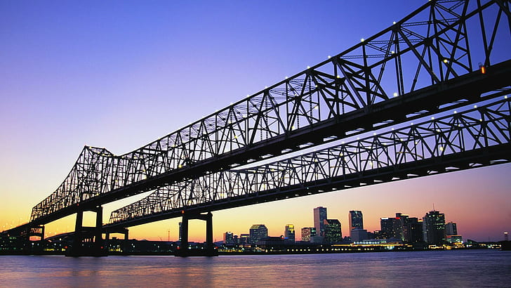 Twilight On Dual Bridges In New Orleans, river, city, nature and landscapes