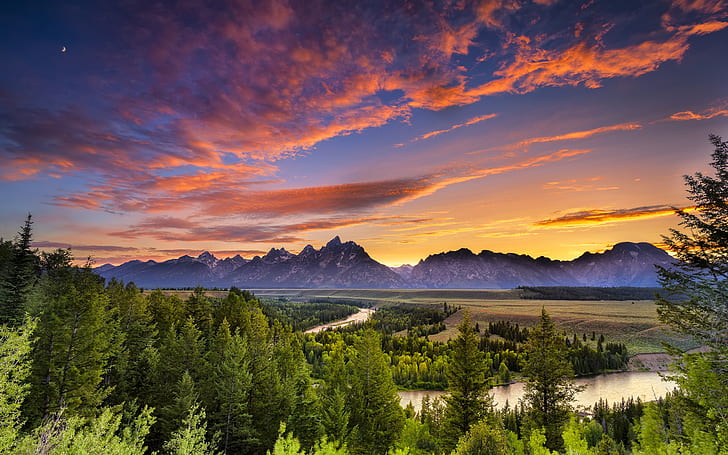 Grand Teton National Park, Wyoming, river, forest, sunset, sky, trees