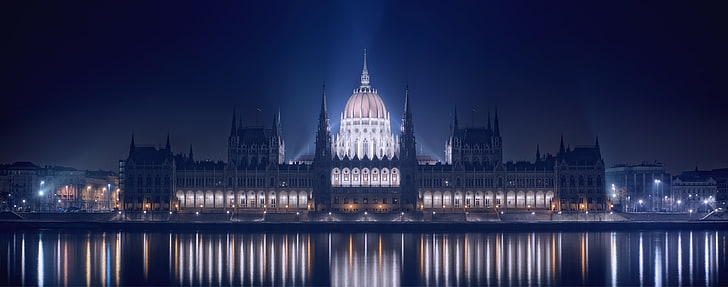 white temple, hungary, budapest, night, building, parliament