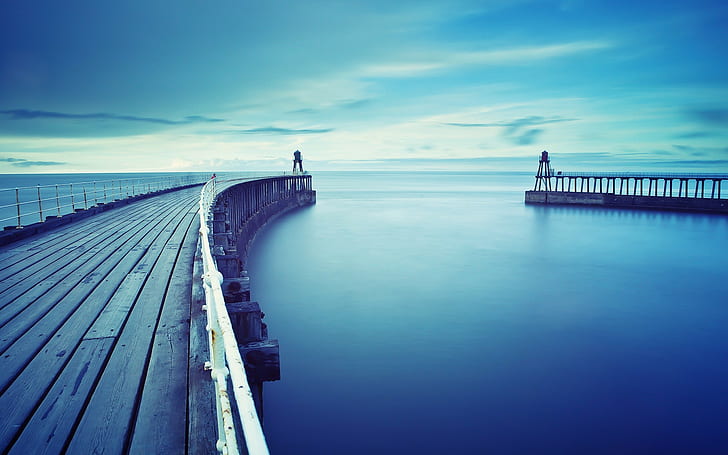 lighthouse, sky, horizon, water, sea, pier, cyan, blue, calm, HD wallpaper