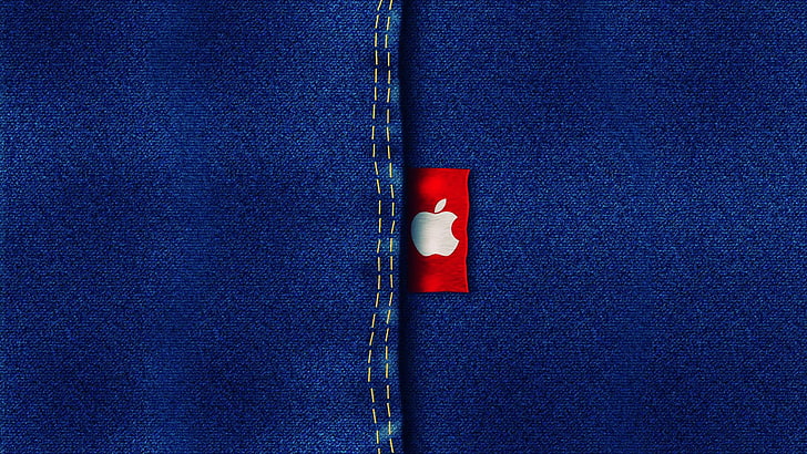 Apple logo, Apple Inc., jeans, blue, red, no people, day, outdoors