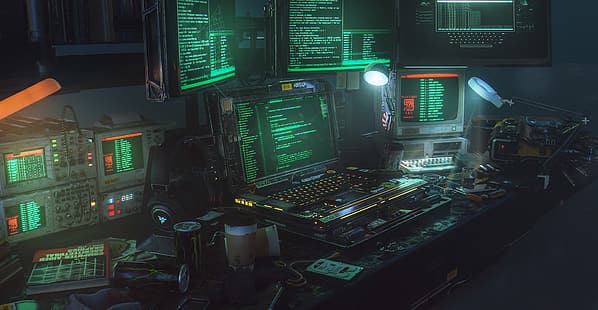 HD wallpaper: cyberpunk, desk, 3D graphics | Wallpaper Flare
