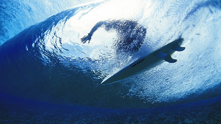 white surfboard, surfing, surfer, water, depth, sea, underwater, HD wallpaper