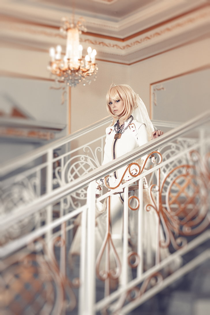 suits, boots, cosplay, Saber Bride, long hair, blonde, blue eyes