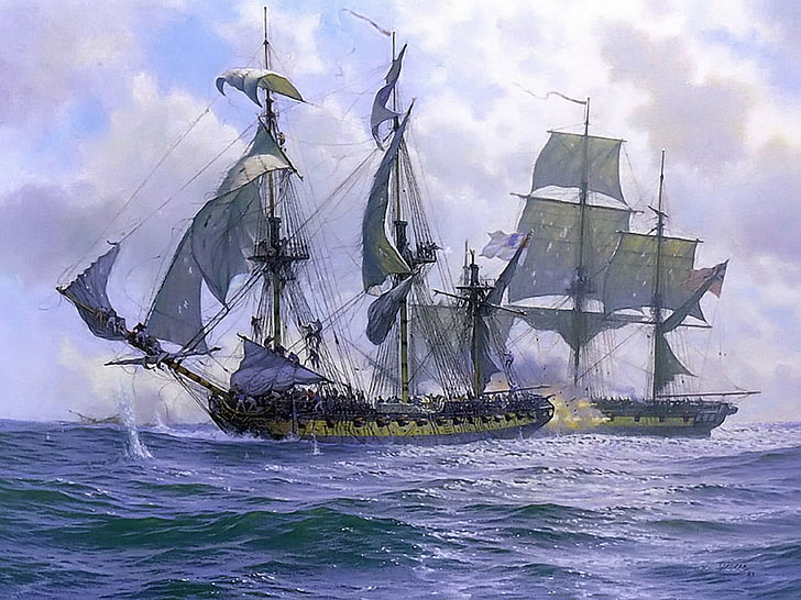 two gray galleon painting, rigging (ship), ocean battle, cannons, HD wallpaper