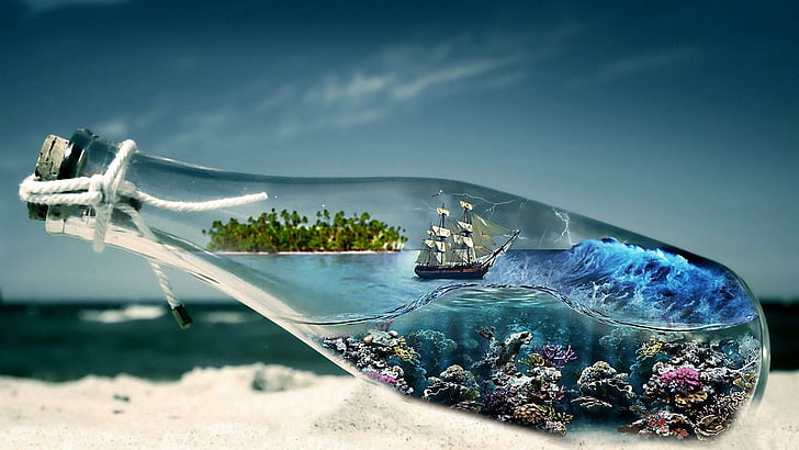 bottle, sea, bottled, sand, life, water, ship, sky, fantasy art, HD wallpaper