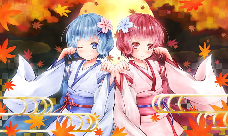 (re, 254542, 2girls, autumn, blue, blush, com, eyes, hair, kimono, HD wallpaper