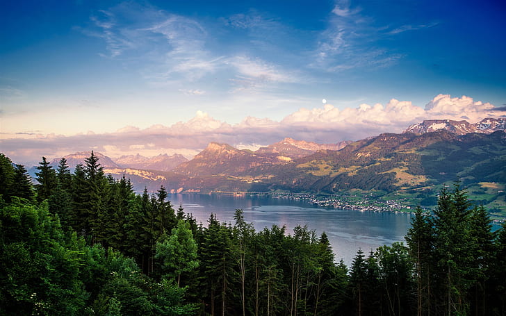 Switzerland, Lake Zurich, lake, forest, trees, mountains, clouds
