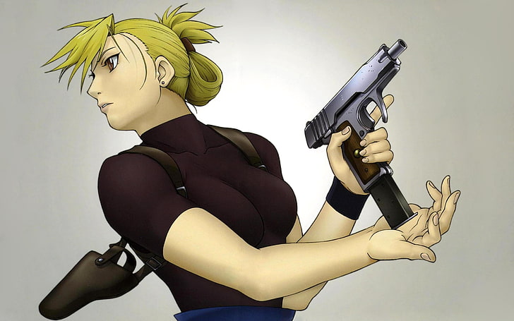 Riza Hawkeye illustration, girl, blonde, gun, ready, pose, weapon