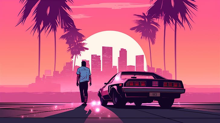 AI art, city, illustration, Grand Theft Auto: Vice City, skyline
