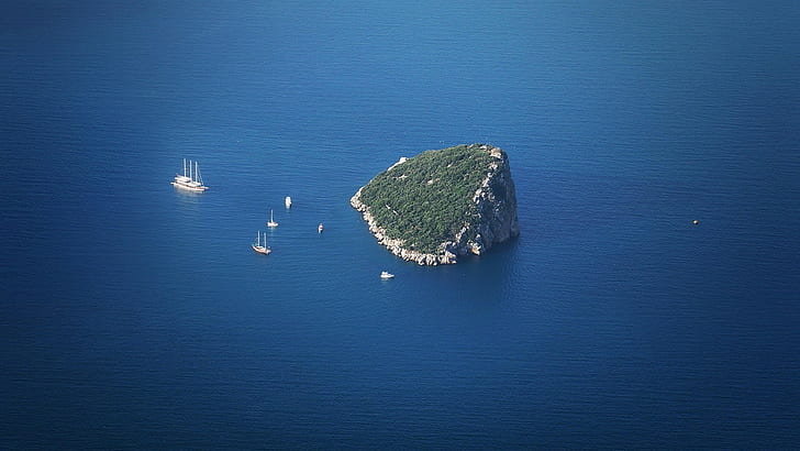 nature landscape minimalism water sea island rock boat yachts sailing ship blue trees aerial view birds eye view, HD wallpaper