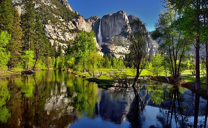 photo of bodies of water near cliff, merced river, yosemite national park, merced river, yosemite national park