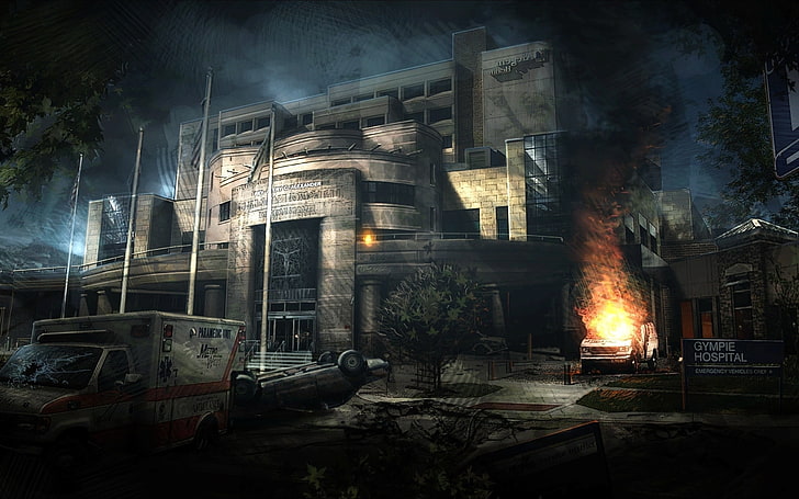 game application digital wallpaper, fire, hospital, ambulances