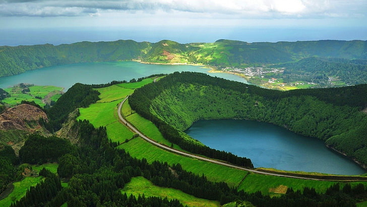 Azores, clouds, Green, lake, landscape, nature, Portugal, road