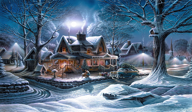 snow village wallpaper, winter, machine, trees, holiday, the moon, HD wallpaper