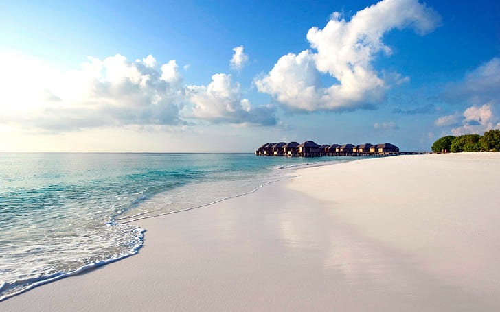 Maldives, tropical, beach, cumulus clouds and white sand, Nature, HD wallpaper