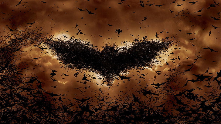 flock of bats creating Batman logo on sky digital wallpaper, movies