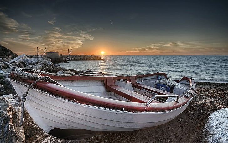 white and red wooden canoe, nature, sea, sky, sunset, boat, water