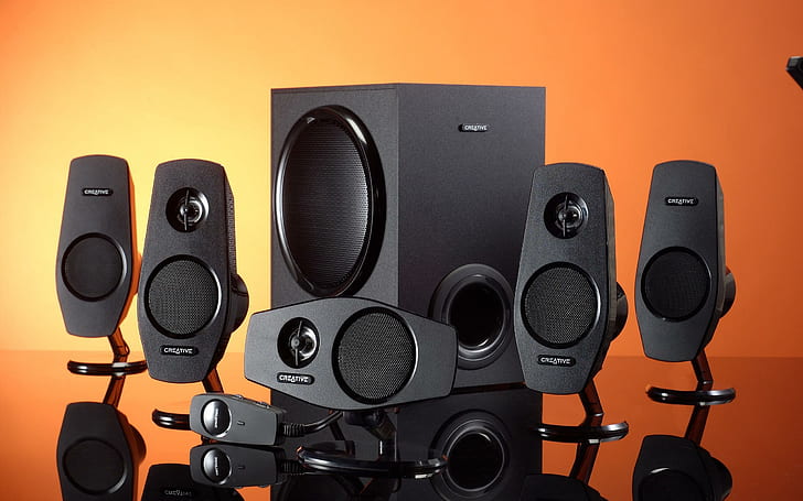 Speakers, black home theater system, photography, 2560x1600, HD wallpaper