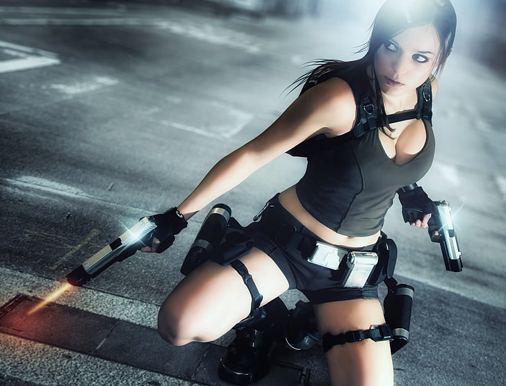women's black shorts, look, girl, face, weapons, hair, guns, the game