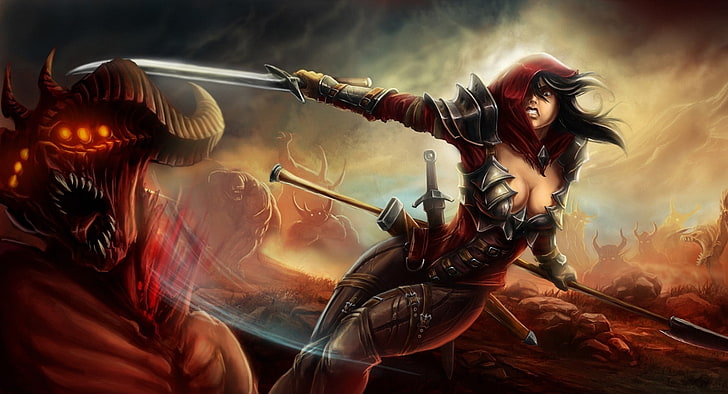 woman in black armor slaying a monster, fantasy art, Demon Hunter