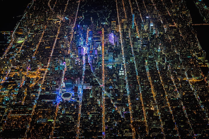 Times Square, USA, night, city, aerial view, low angle view