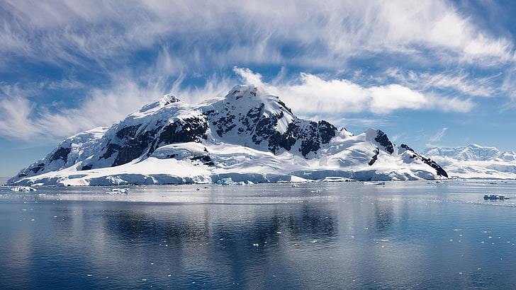 white and black mountain, landscape, lake, mountains, ice, snow, HD wallpaper
