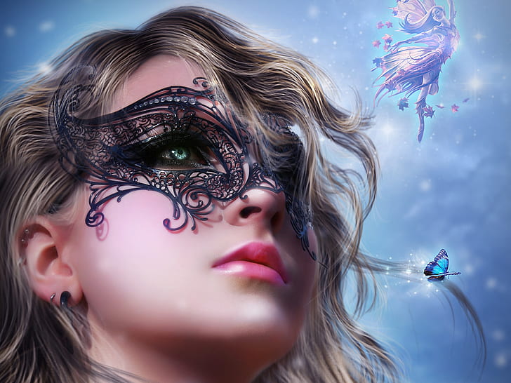 Art fantasy girl face, mask, fairy, HD wallpaper