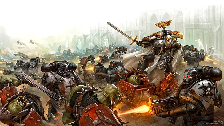 Black Templars, orcs, space Marines, battle, Warhammer, Warhammer 40 000, HD wallpaper
