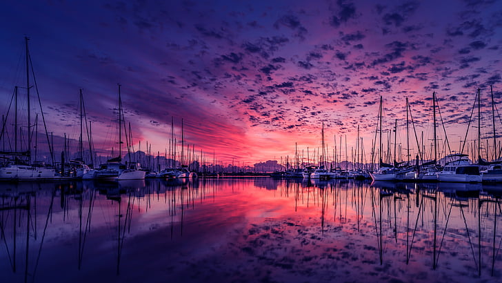 afterglow, purple clouds, pink sky, dock, boat, water, dusk