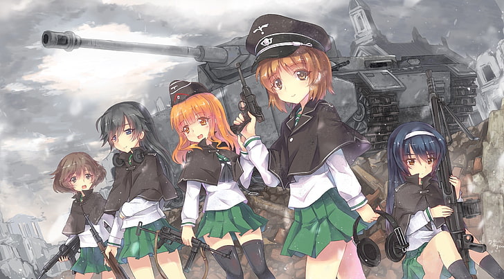 photo of all girls anime military officers with battle tank as background, HD wallpaper