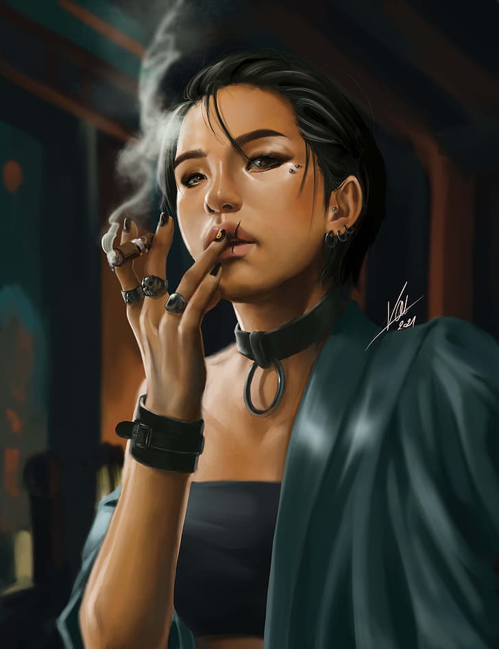 women, portrait display, cigars, rings, smoke, smoking, digital art