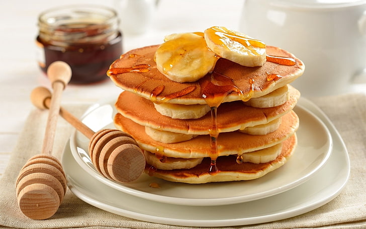 pancake with sliced bananas, layers, sweet, honey, pancakes, food